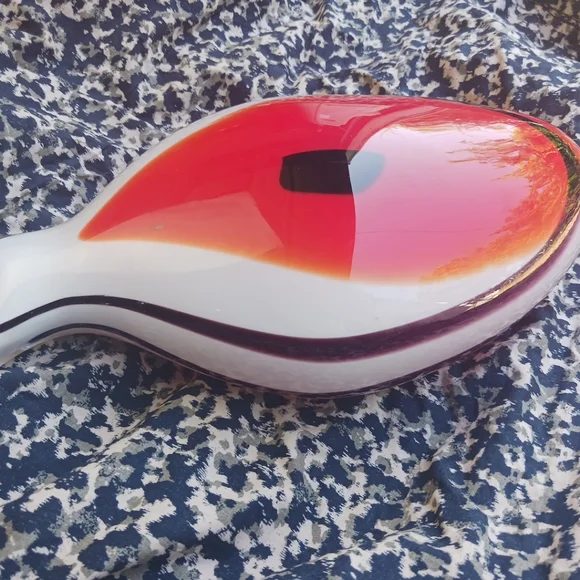 Murano Vase Red Orange Mid Century Side Black Dot Side Swirl Curved Lip 12 x 8